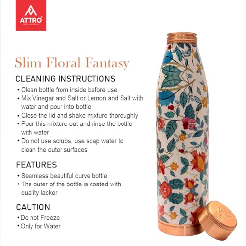 Image of ATTRO Slim Copper Bottle Design Boosts Immunity Leakproof & Lightweight |Anti-Bacterial, BPA Free with Secure Cap for School, Travel, Gym & Work 1000ml Floral Fantasy