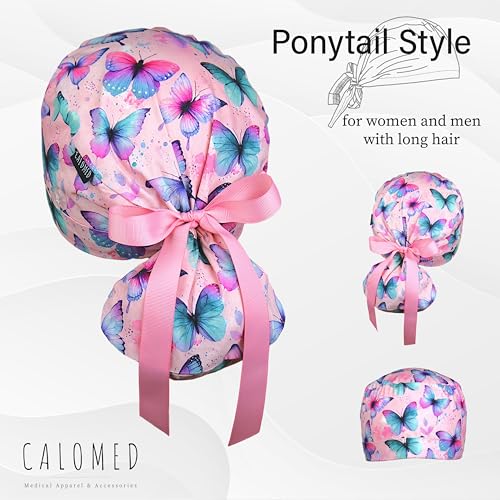 Image of Scrub Cap for Women and Men, Ponytail Scrub Caps, Working Hat, Head Cover with Ribbon Ties and Buttons, Long Hair