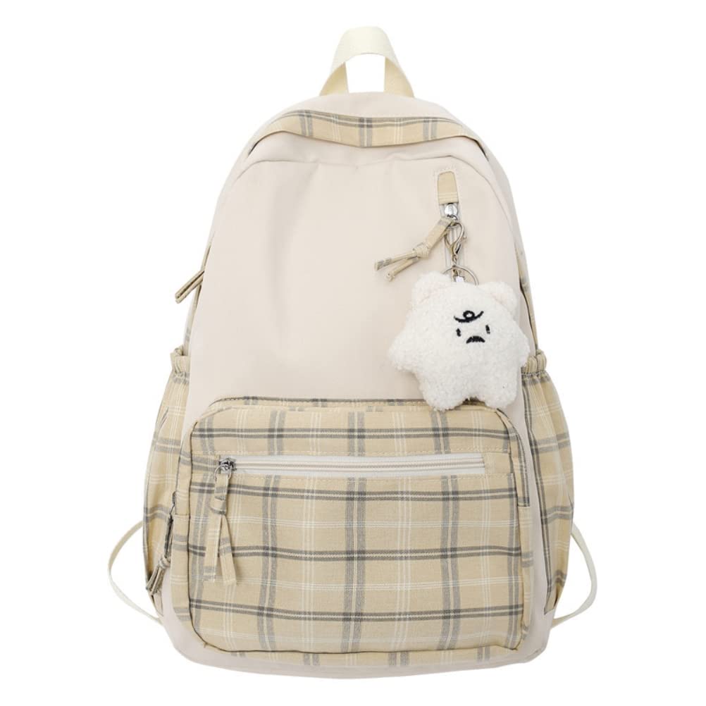 Yqkoop Girls Sage Green Aesthetic Backpack Kawaii Plaid Backpack Backpack For Teens Cute School Supplies Aesthetic Daypack With Plush Pendant