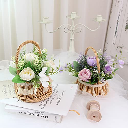Cestas de vime para damas de casamento com flor de peônia, cesta de flores de vime com alça, cestas