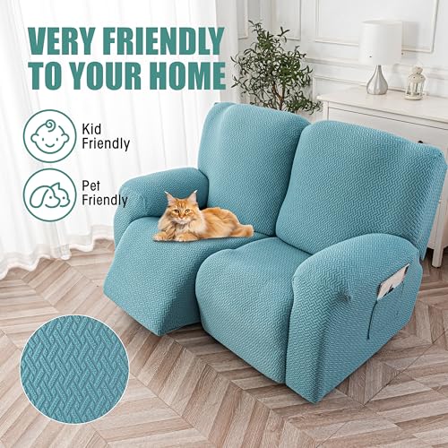 Image of Genina Recliner Loveseat Cover Stretch Couch Covers Sofa slipcover for 2 Seat Reclining Couch Thick Jacquard Furniture Protector (Light Blue)