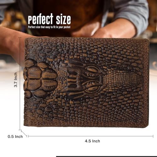 Image of Men's Top Grain Leather Wallet with Crocodile 3D Print | 8 Card Slots Bifold Wallet | RFID Protected (Brown)