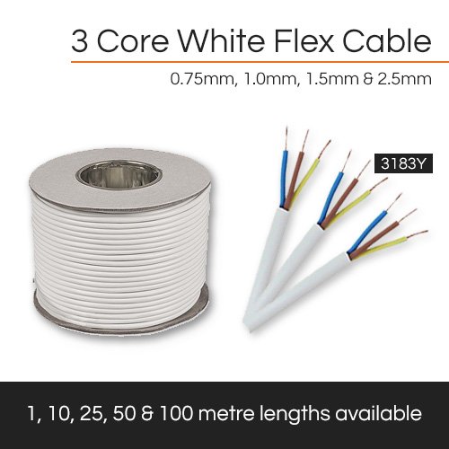 Biały 3183Y 3-rdzeniowy 1,5 mm 16 A PVC Kabel Zasilający Elastyczny Przycięty na Długość (25 metrów)