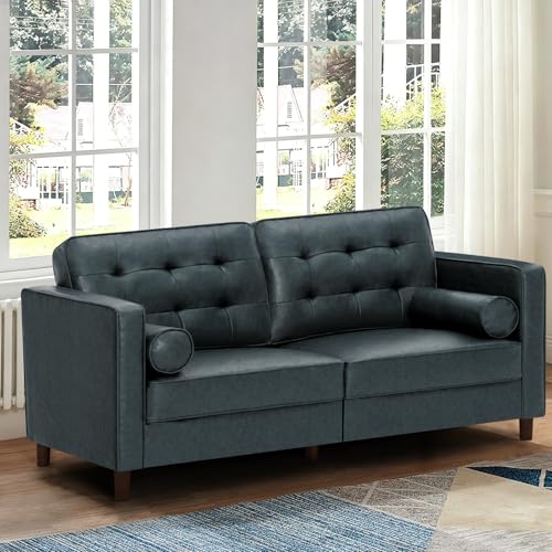 Image of 67 inch Premium Faux Leather 2-Seater Sofa with 2 Bolster Pillows and Tufted Backrest, Mid-Century Modern Loveseat Sofa, Luxury Couch for Living Room, Bedroom, Office, Blue