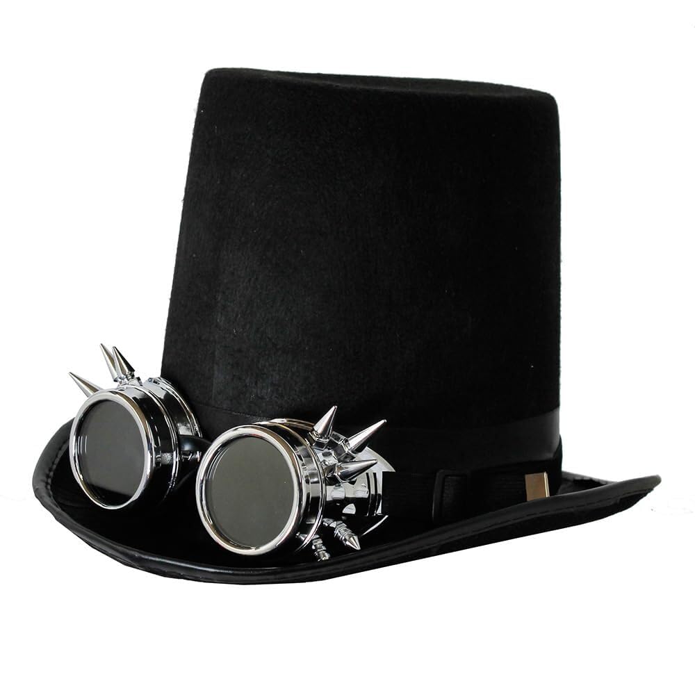 Steampunk Black Satin Bell Top Hat with Goggles - Adults Gothic Fancy Dress Victorian Accessory Festival Halloween - Silver