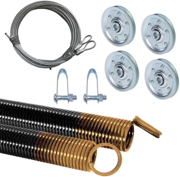 heavy-duty double-looped garage door extension springs bundle 180 lb (gold) springs, 3" pulleys, and extension cables for 7' feet garage door | garage door hardware parts