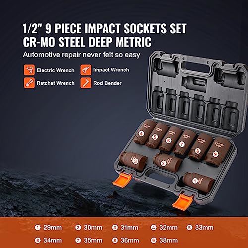 Image of VEVOR 1 /2 inch Drive Impact Socket Set, 9 Piece Deep Socket Set Metric 29-38mm, 6 Point Cr-Mo Spindle Axle Nut Impact Socket Set for Auto Repair,Easy-to- Read Size Markings, Includes Storage Case