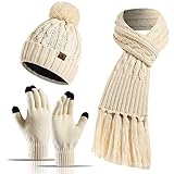 Winter Warm Beanie Hat Scarf and Touchscreen Gloves Set for Womens Skull Caps Neck Scarves with Flee