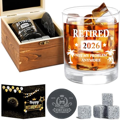 2026 Retirement Gifts for Men 2026 The Legend Has Retired-Whiskey Glass Set in Gift Box Happy Retirement Presents for Him Dad Friends- Happy Retire Anniversary Card&Wood Box& Coaster&Whiskey Stones