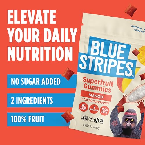 Blue Stripes Cacao Superfruit Gummies - Vegan Chewy Fruity Snack, No Sugar Added 100% Fruit Gummy, 9 Essential Vitamins & Minerals, Natural Tropical Superfood - Mango & Cacao Fruit, 3.2oz - image 3