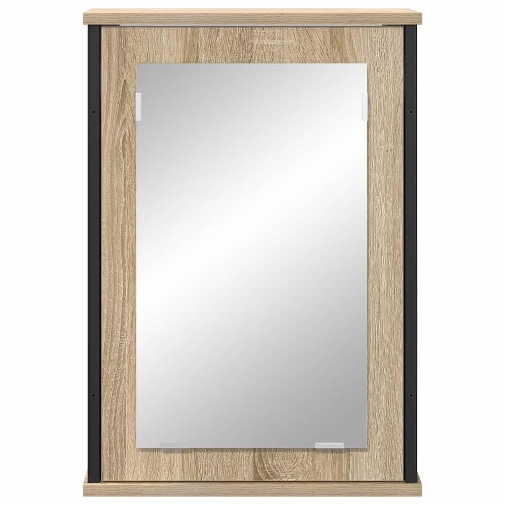 Szafka z lustrem dąb Sonoma, materiał drewnopochodny, 42 x 12 x 60 cm, z płaskim lustrem i regałem, montowana na ścianie, do łazienki, toalety, dla gości, oszczędność miejsca do przechowywania