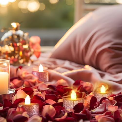 Image of Baquler 24 Pcs Valentine Candles Heart Shaped Glitter Tealights Romantic LED Tea Lights Candle Battery Operated for Valentine's Day Marriage Proposal Wedding Anniversary Celebration Decor(Pink)