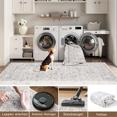 HUGEAR Vintage Grau Waschbarer Teppich Wohnzimmer 150x210cm Retro Rugs for Living Room Weich rutschfest Groß Tepich Kurzflor Schlafzimmer Carpet Living Room Bedroom Esszimmer Teppiche Büro