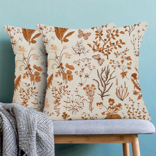 Image of AEIOAE Fall Pillow Covers 24x24 Inch Set of 2,Burnt Orange Wild Flower Plant Throw Pillows Case,Seasonal Floral Outdoor Decorative Square Linen Farmhouse Decor Cushion Covers for Home Sofa Bed Couch