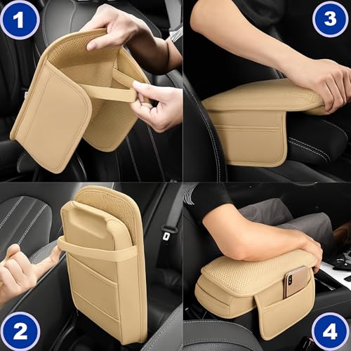 Image of DETACHI Car Center Console Armrest Cover Pad, PU Leather Mesh Armrest Cushion,Universal Fit for SUV /Truck /Car, Console Box Cover With 2 Mobile Pockets, Breathable Mesh Fabric Mat-(Beige, 31X18X2CM)