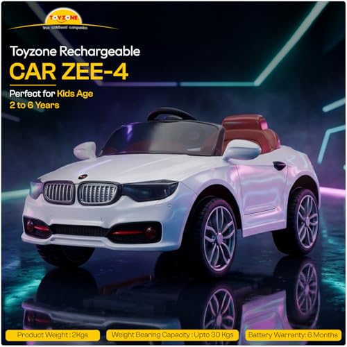 Image of Toyzone Zee-4 Electric Car Tz-313 (White) | Frequency 2.4 Ghz | Lights & Music | Ride-on Car for Kids | Seat Belt for Safety | Perfect Tyre Grip | Make in India | Indoor and Outdoor Toy