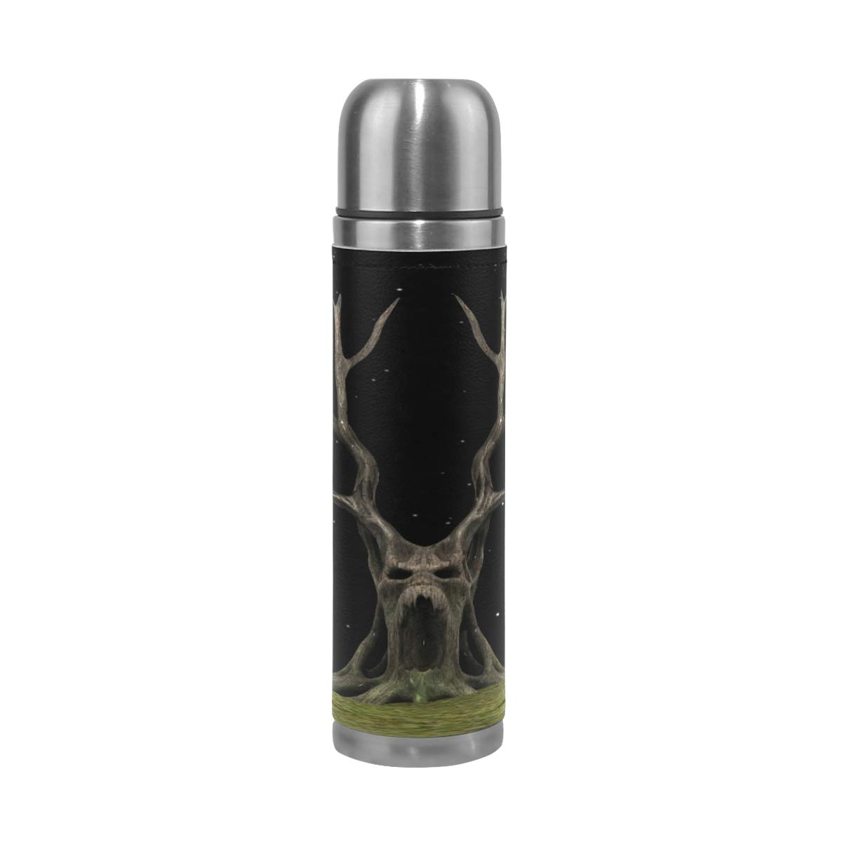 Taza de viaje aislada al vacío de acero inoxidable con doble pared a prueba de fugas, diseño de árbol extraño personalizado impreso en piel auténtica, termo termo de 500 ml