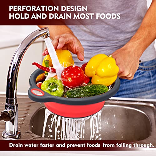 Walfos Silicone Pasta Colander - Collapsible Colander with Handle Set, Set of 2, Space-Saving Kitchen Strainers, 1.5 Quart, 2 Quart, BPA Free & Dishwasher Safe, for Pasta, Vegetables, Fruits (Red) - Image 3