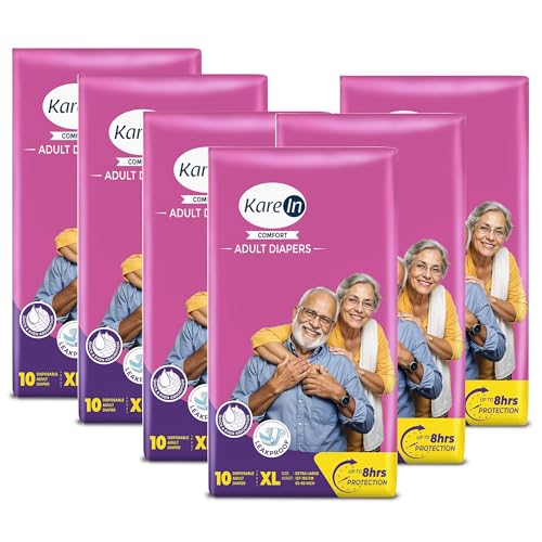 Image of KareIn Comfort Adult Diapers, Extra Large, Waist Size 127-165 Cm (50 inch-65 inch), Tape Style, Unisex, High Absorbency, Leak Proof, Wetness Indicator, Pack of 6, 60 Count