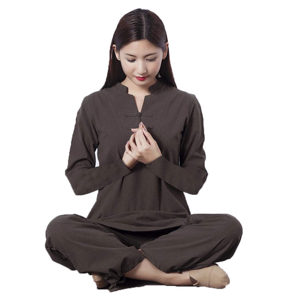 Tenue de Tai Chi en lin mélangé marron, ensemble Wing Chun traditionnel XL