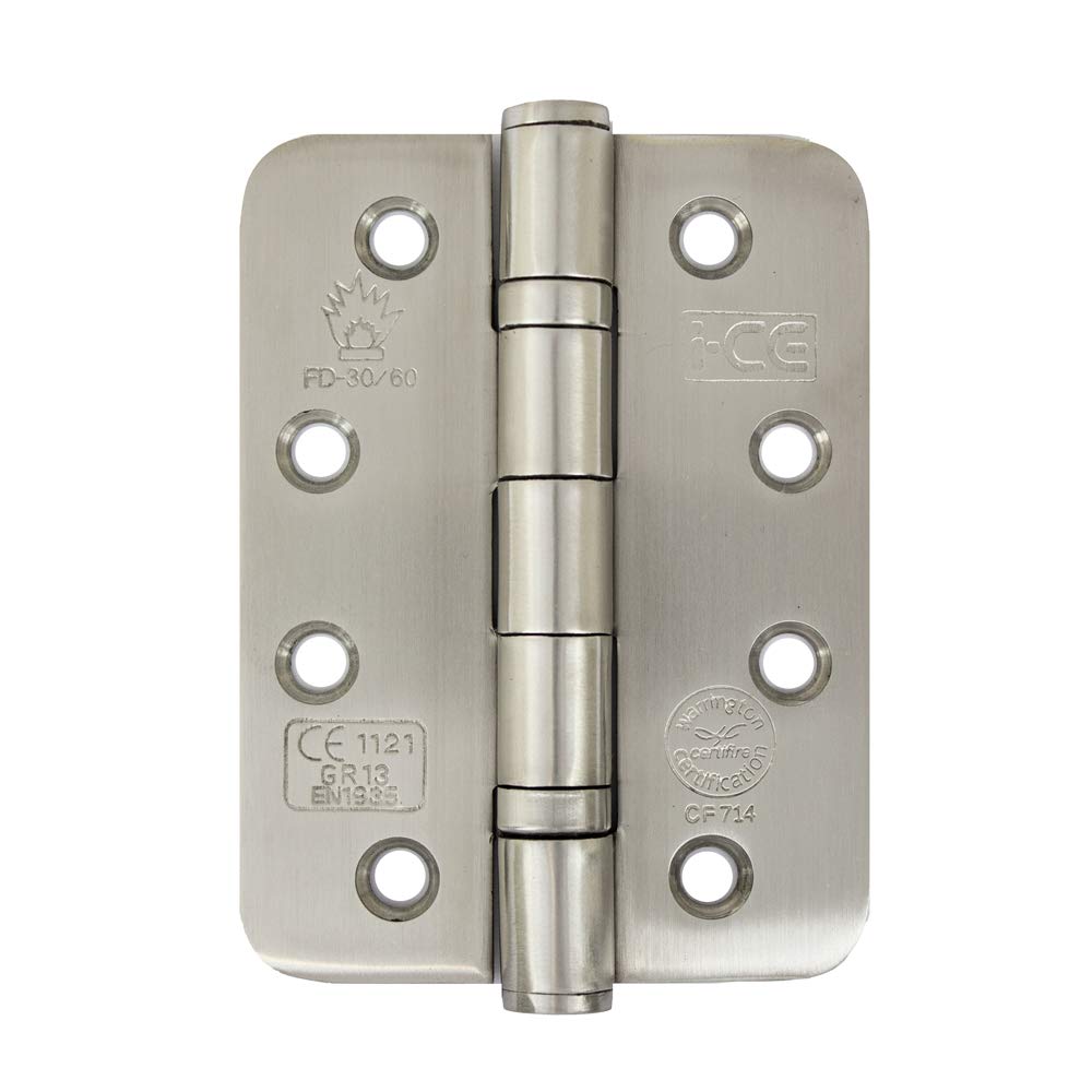 Satin Stainless Steel Ball Bearing Rounded Corner Hinge 100mm CE13 Fire Rated (1 Pair)
