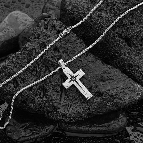 Cross Necklace for Men, Stainless Steel Christian Cross Pendant Necklaces for Men, Silver Chain Necklace for Men, Fade-Resistant, Stylish Jewelry Gift for Him