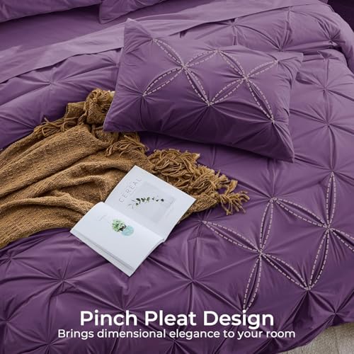 Image of Sasttie King Size Comforter Set, 7-Piece Bed in a Bag, Pintuck Bedding Set for All Season, Includes Comforter, Flat Sheet, Fitted Sheet, Pillowcases and Pillowshams, Grape Purple