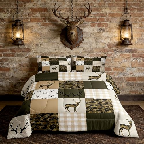Homewish Camouflage Comforter Set Full Size Woodland Camo Quilt Set Green and Beige Plaid Print Bedding Set 3pcs for Kids Boys Teens Room Decor, Animal Deer Antlers Duvet Insert with 2 Pillowcases