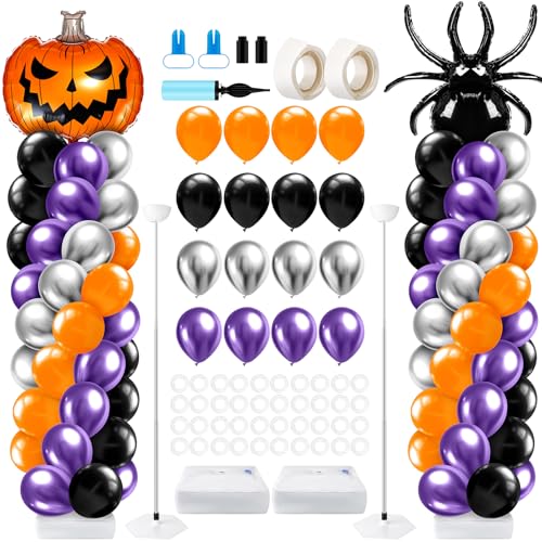 Kasyat Juego de 2 juegos de soporte de columna de globos de Halloween con globo de aluminio de araña de calabaza aterradora, naranja, morado, negro, plateado, kit de guirnalda de arco para fiesta de