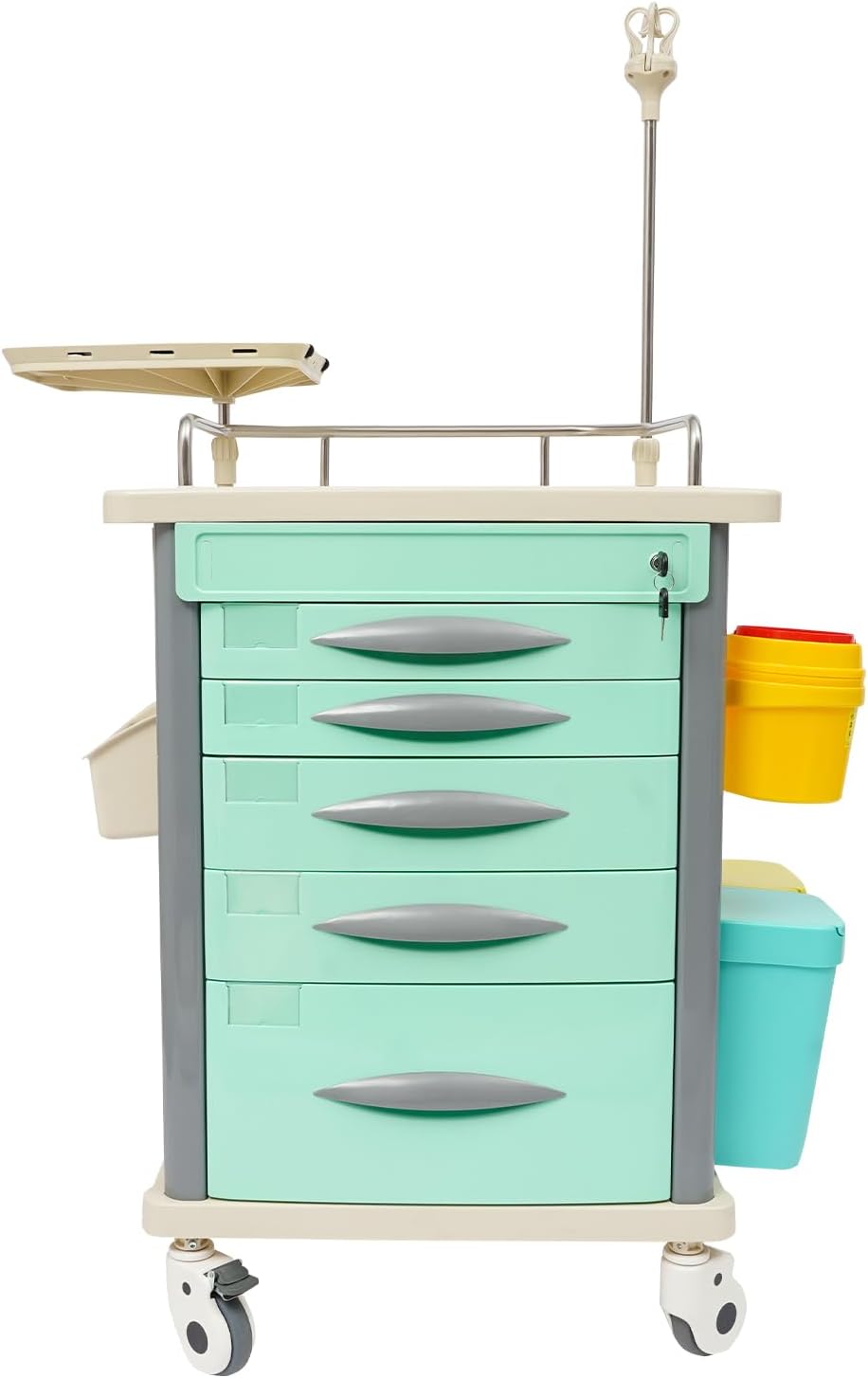 Medical Rolling Crash Cart with Accessories-CPR Board, 2 Trash Bin, Power Strip, Drawers with Dividers, Mobile Medical Cart for Clinic, Hospital, Nursing Center, Salon, 29.53 * 18.7 * 37.4in (Green)