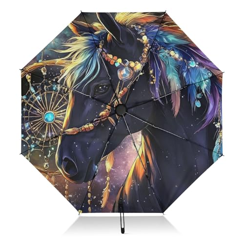Parapluie compact Fantasy Horse Dreamcatcher automatique pliable de 46 pouces