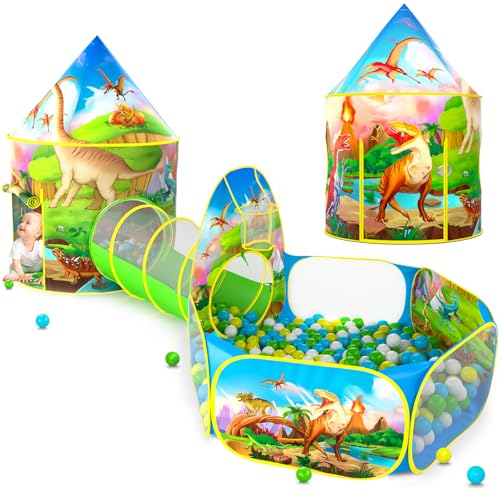Image of PigPigPen 3pc Dinosaur Play Tent for Kids, Baby Ball Pit, Crawl Tunnel, Castle Tents for Toddlers, Children Indoor & Outdoor Playhouse Toys, Perfect Kid's Gifts