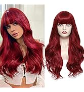 Cerisun Red Color Long body wavy Wigs with Bangs Synthetic No Lace Wig for Fashion Women Heat Res...