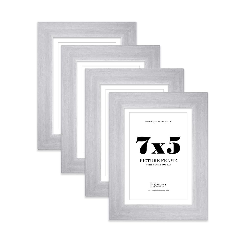 7x5" Silver Frame With Mount for 6x4" Pictures 28mm Edge Portrait and Landscape Display with Wall Hooks and Kickstand, 4 Pack — image 1