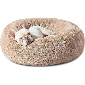 Bedsure Calming Dog Bed for Medium Dogs – Donut Washable Medium Pet Bed, 30 inches Anti-Slip Round Fluffy Plush Faux Fur Cat Bed, Fits up to 45 lbs Pets, Camel