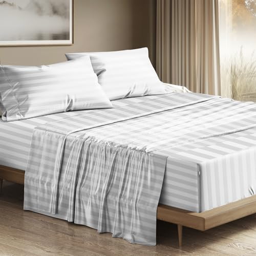 Image of THREAD SPREAD Egyptian Cotton Sheets King Size - 1200 Series Plush Collection Damask Sheet Set Egyptian Cotton (4 PC, White Stripe), Luxury Sheet King Size, Soft, Cooling Deep Pocket Sheets