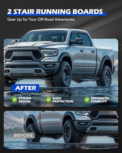 Image of Running Boards Compatible with 2009-2018 Dodge Ram 1500 Crew Cab, 2019-2024 1500 Classic, 2010-2024 2500 3500, Two Stairs Bolt-On Side Steps Steel with Triple-Shield Anti-Corrosion Technology