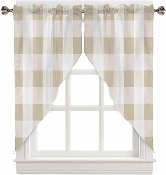 Swag Valance Curtain,Simple Khaki White Buffalo Plaid Swag Curtains Rod Pocket Valances for Windows,Light Brown Checkered Swag Topper Kitchen Valance for Bedroom/Living Room/Bathroom