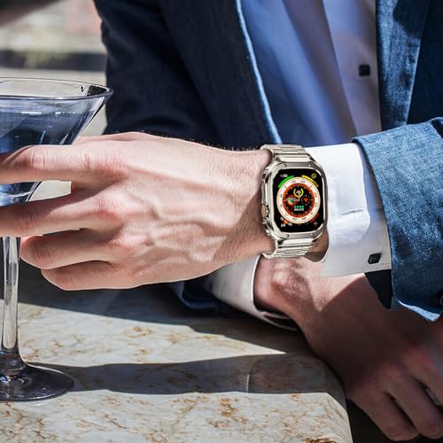 Image of MioHHR Stainless Steel Band and Case Compatible with Apple Watch Band 49mm | Men Metal Protective Bumper Cover with Straps for iWatch 49mm Series Ultra 3, Ultra 2, Ultra, Titanium Color