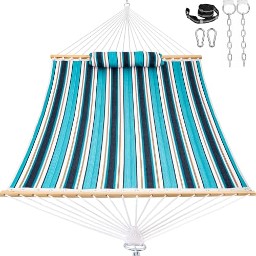 Image of Lazy Daze Hammocks 12 FT Sunbrella Fabric Quilted Hammock Double Sunbrella Quilted Hammock with Spreader Bars & Pillow, All Weather and Fade Resistant for Outdoor, 450 lbs Capacity, Token Surfside