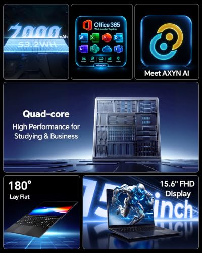 Image of 15.6'' AI Laptop with Office 365 12GB RAM 256GB SSD Win 11 Laptops | 7000mAh Battery, IPS FHD, 180Viewing, Quad-Core Processor, Type-C, WiFi5, Portable Thin Business Student Laptops, Black