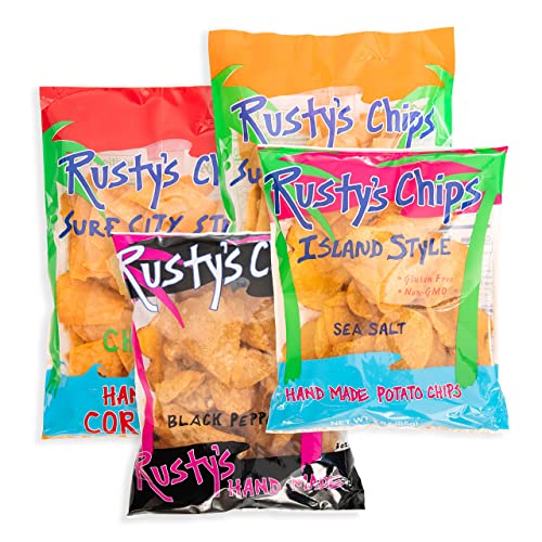 Rusty’s Chips Variety Pack Chips - Sea Salt, Chili Lime Corn Chips, Black Pepper & Island Style Potato Chips - No Trans Fat, Non-Gmo & Gluten Free Chips (Pack Of 24) #TOP12