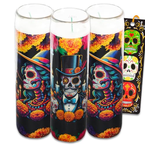 Dia de Los Muertos Religious Devotional Candles - 3 Pack of 8 Calaveras Sugar Skull Candles for Ofrendas Vigils Prayers Blessing Ceremonies More