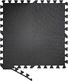 1.8m² Nuestro suelo goma EVA de piezas entrelazadas miden 30cm x 30cm x 1cm de grosor. 20 colchonetas EVA y 40 tiras para los bordes completan la imagen de un gimnasio PROFESIONAL, limpio y cuidado a la vez que protegen todo tipo de suelos.