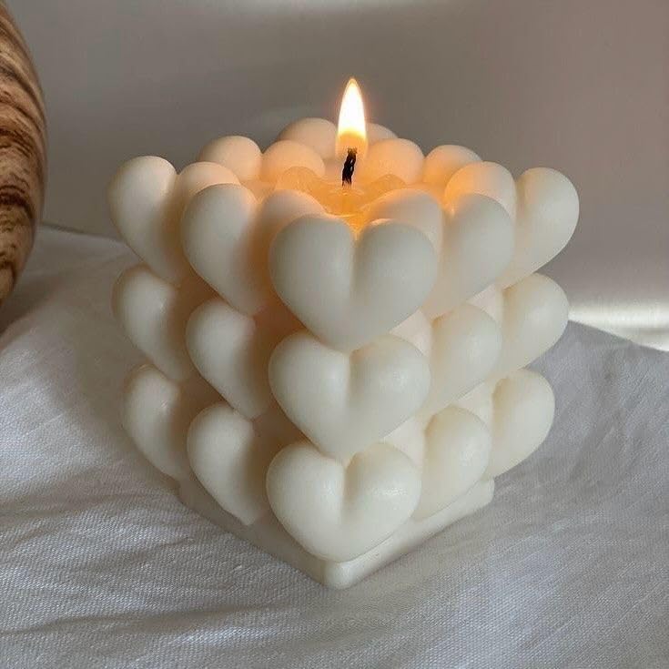 Image of Heart Bubble Cube Candle, Ivory, Decorative Pillar Candle, Aesthetic Home Decor