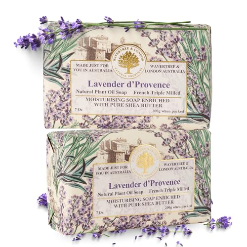 Image of Wavertree & London Lavender Scented Natural Soap Bars (Pack of 2), 7oz Moisturizing French Triple Milled Soap Bars enriched with shea butter - Pure Plant Oil Bath & Body Bar for All Skin Types