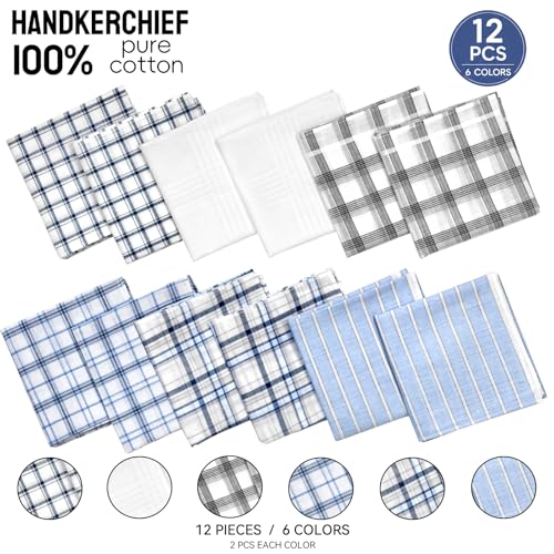 Image of Men's 12pcs 100% Cotton Checkered Handkerchiefs Gift Box, 15.75 Inch Soft Breathable Absorbent Large Pocket Squares
