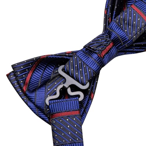 Image of Hi-Tie Navy Blue Red Pre-Tied Bowties for Men Silk Clip On Strip Mens Bowtie Pocket Square Cufflinks Set for Wedding Party
