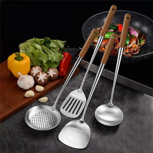 Image of NIITAWH Wok Utensils for Carbon Steel, Stainless Steel Wok Spatula Metal, 4-Pieces 14 Inch Long, Wok Tools Professional Set, Wooden Handle Skimmer, Soup Ladle, Slotted Turner