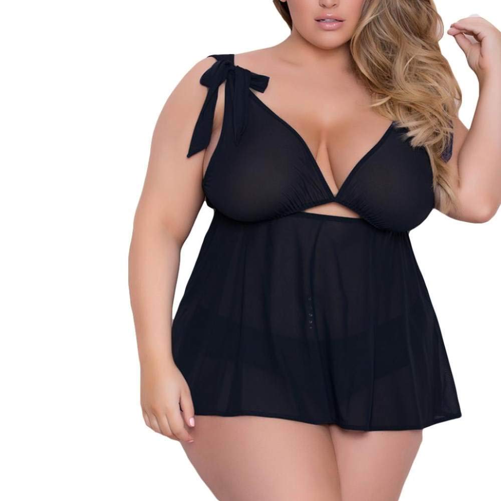 Set Taglie Forti da Donna Indumenti da Notte Abito in Rete Trasparente con Scollo all'Americana Set Camicia da Notte con Perizoma (Nero 3XL)